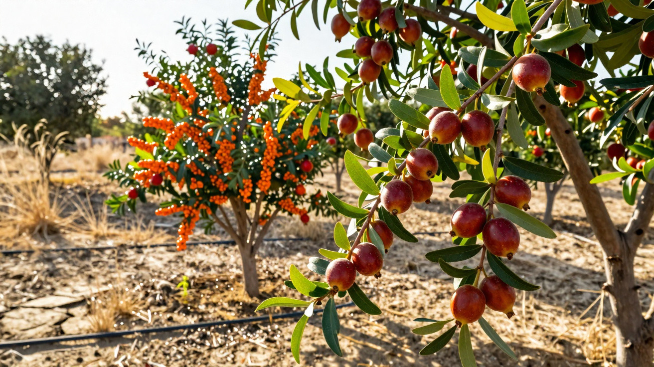 Árvores frutíferas com bagas vermelhas e laranjas em solo seco sob luz do sol.