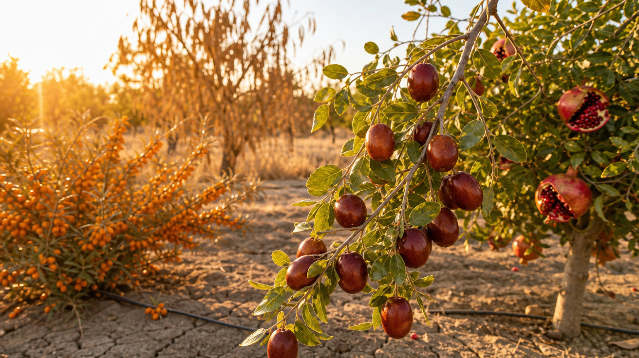 Frutos maduros pendurados em galho de árvore em pomar ao pôr do sol com solo seco ao fundo.