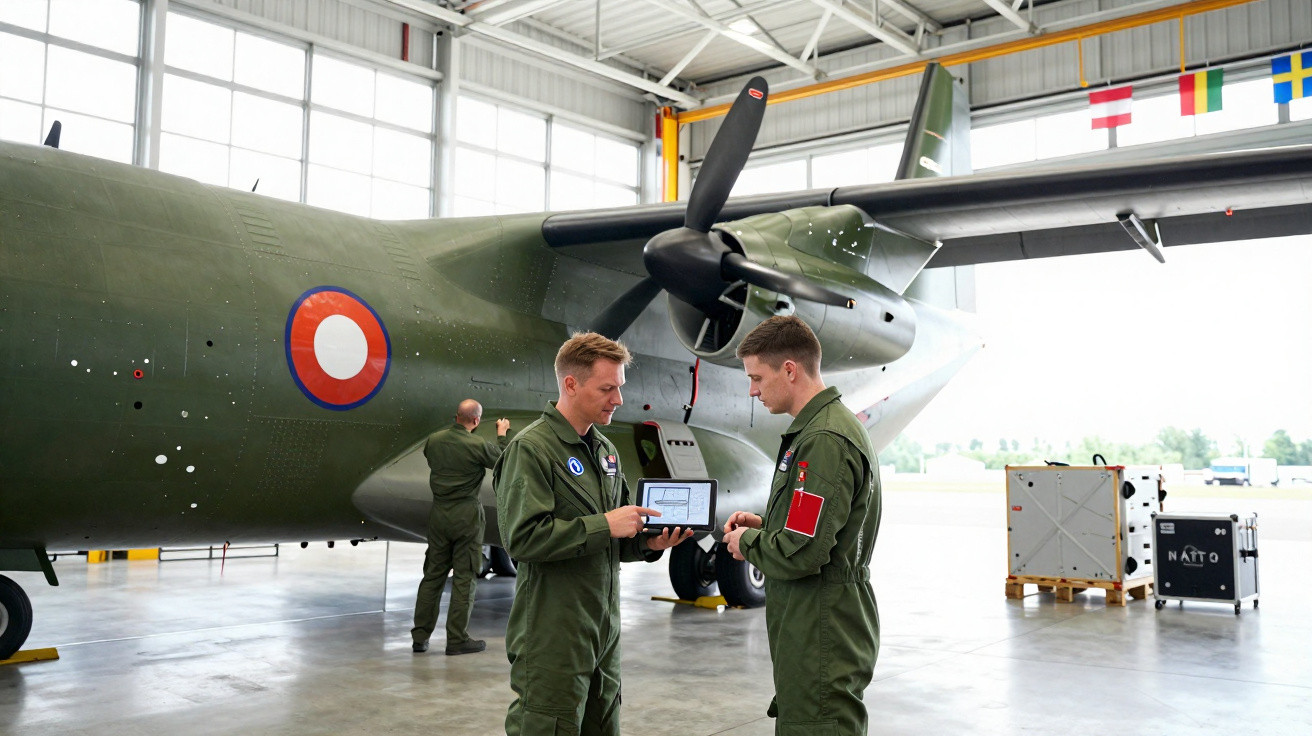 Dois militares em macacão verde conversam diante de aeronave militar em hangar iluminado.
