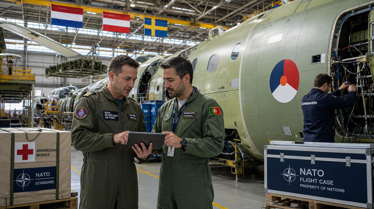 Dois militares em uniforme conferem informações em tablet dentro de hangar com aviões e equipamentos da OTAN.