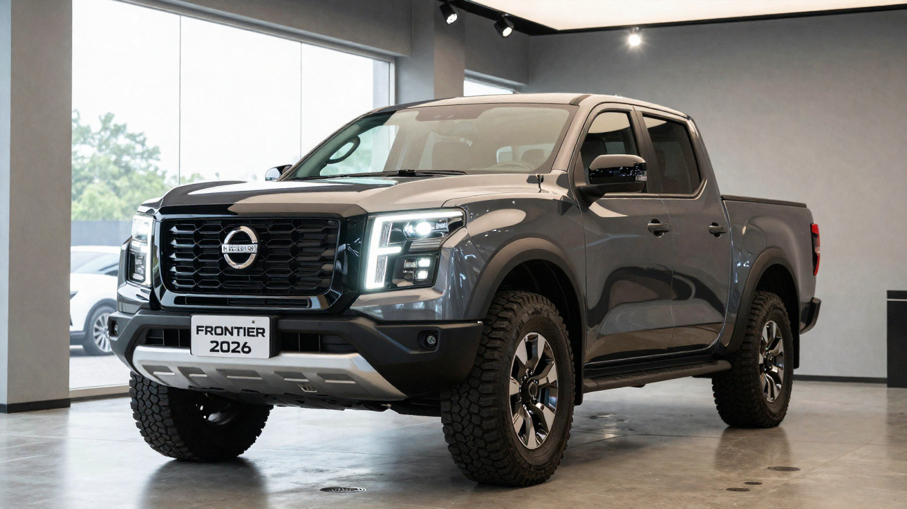 Picape Nissan Frontier 2026 cinza exibida em sala de exposição com faróis e rodas robustas.