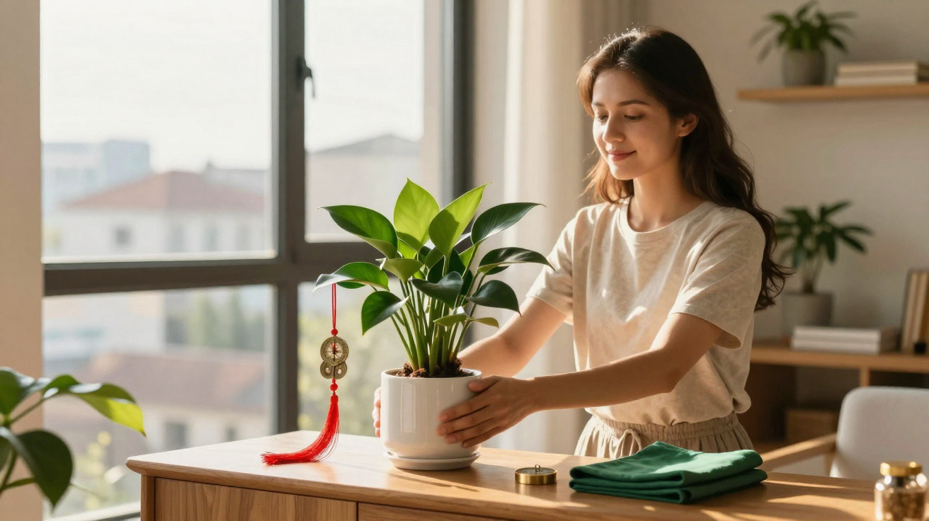 Mulher organizando planta em vaso branco sobre mesa em ambiente claro e aconchegante.