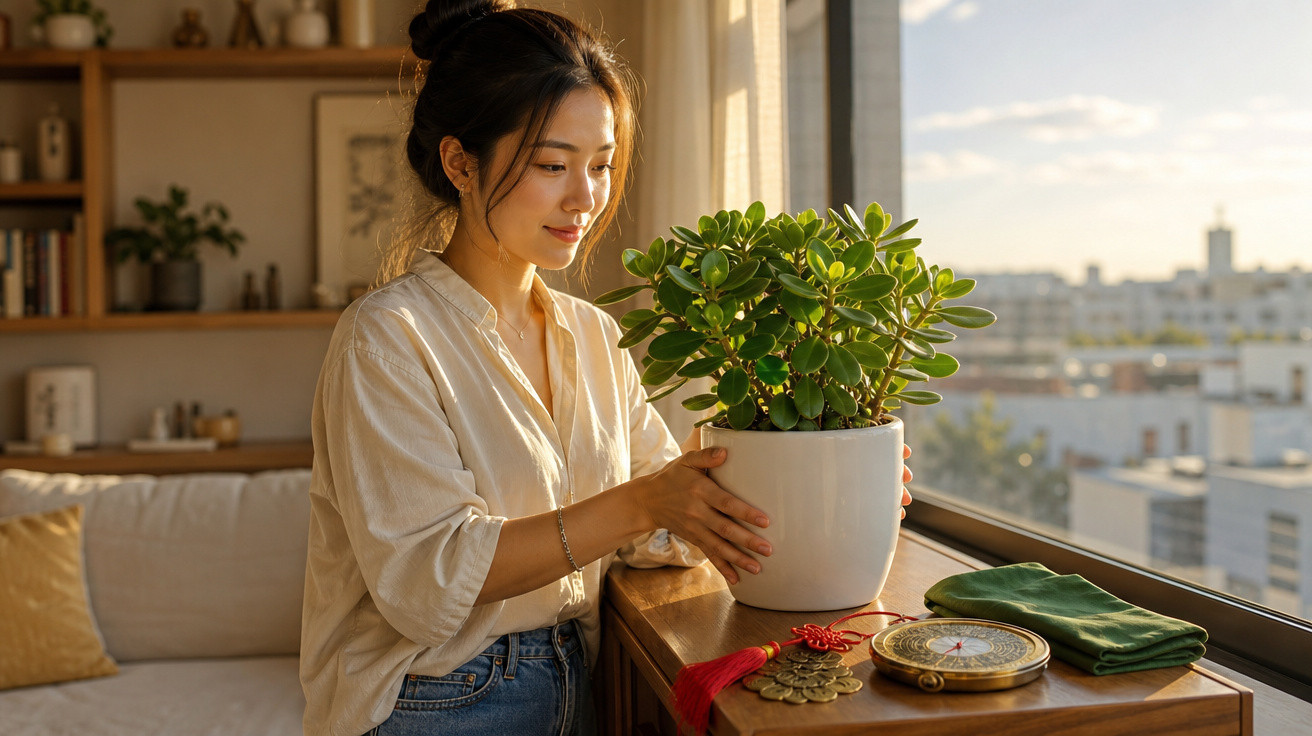 Mulher sorrindo segura vaso com planta junto a janela com vista urbana ao entardecer.