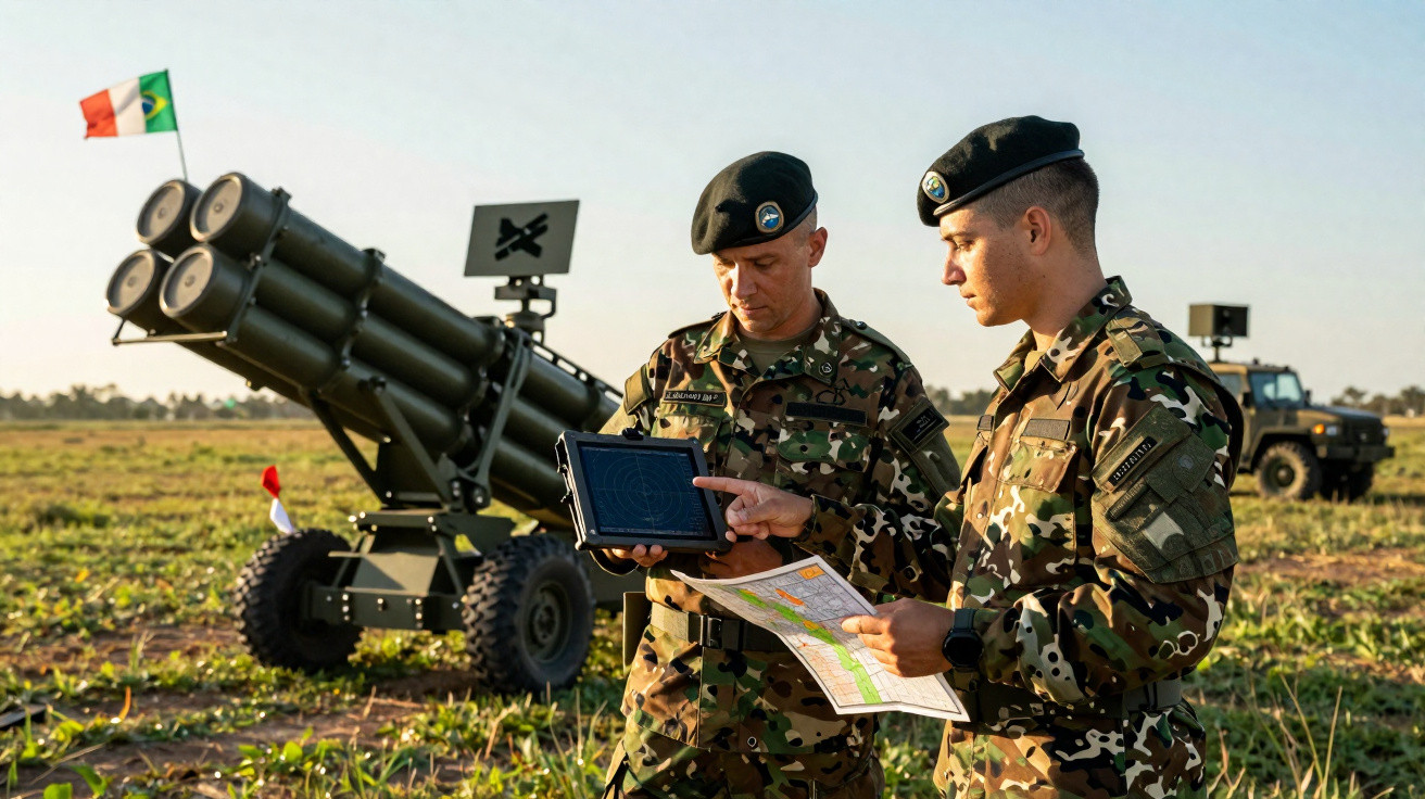 Dois soldados em uniforme camuflado analisam mapas e tablet em campo com equipamento militar atrás.