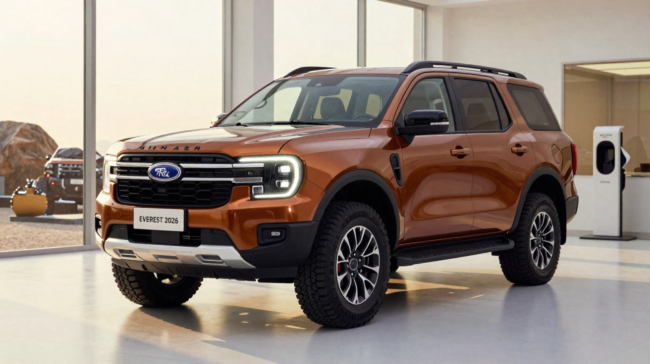 SUV Ford Everest 2026 na cor marrom em showroom moderno com garagem ao fundo.