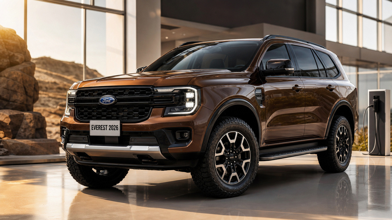 SUV Ford Everest 2026 marrom estacionado em ambiente interno com grande janela e iluminação natural.