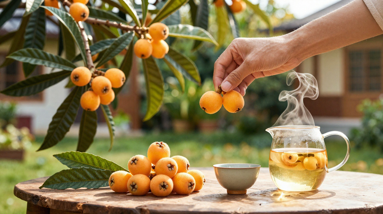 Mão segurando frutas nêsperas próximas a bule com chá quente e frutos sobre mesa de madeira ao ar livre.
