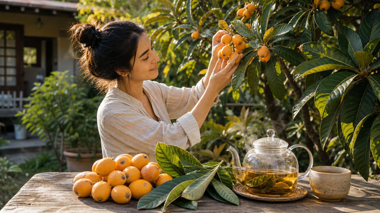 Mulher colhendo frutas nêspera em árvore, com mesa de madeira, frutas, folhas, bule e xícara de chá.