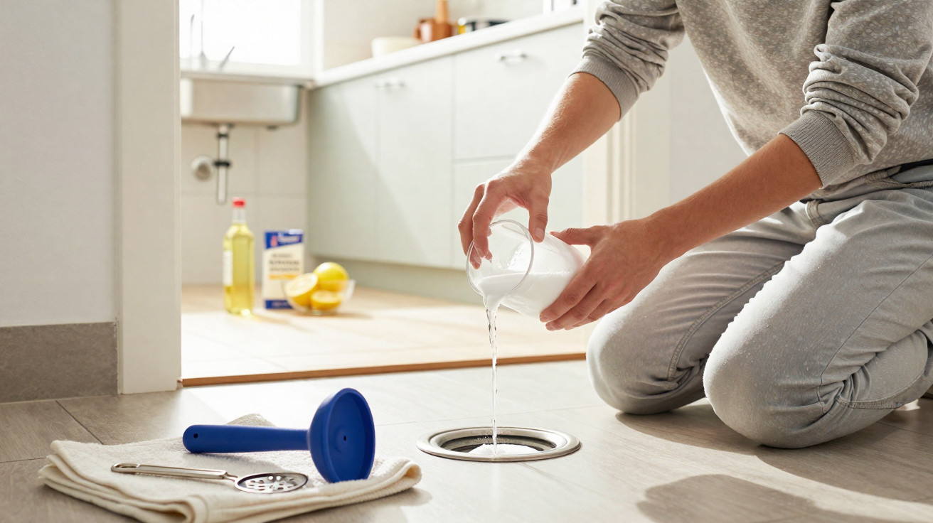 Pessoa despejando líquido branco no ralo da cozinha, com utensílios e toalha ao lado no chão.