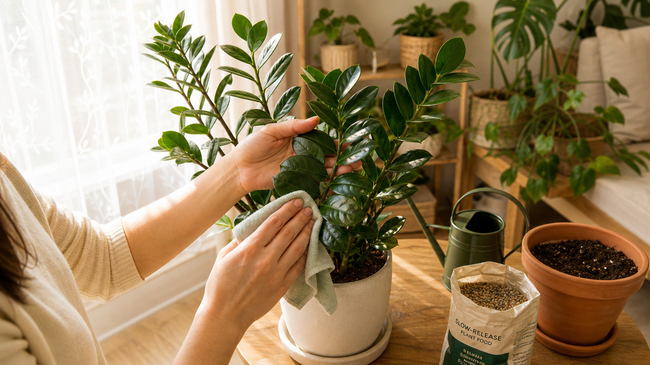 Pessoa limpando as folhas de uma planta em vaso branco dentro de casa com luz natural.