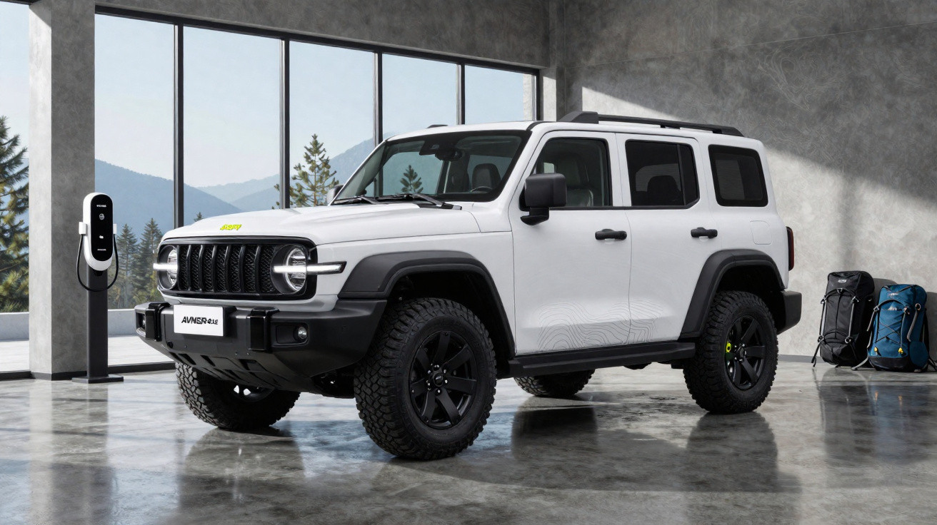 SUV branco com detalhes pretos em ambiente interno moderno com parede de vidro e mochila ao fundo.