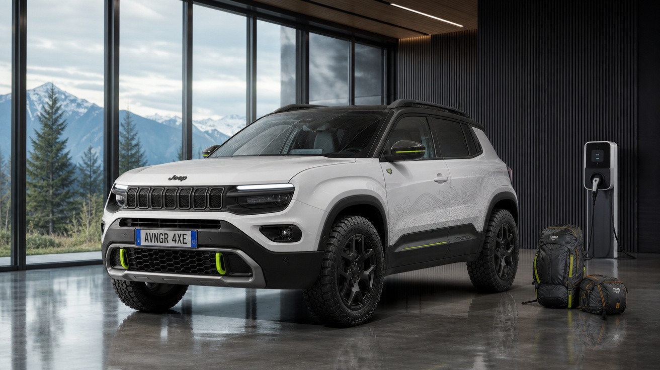 SUV Jeep branco estacionado em garagem moderna com mochila e equipamento ao lado, carregador elétrico ao fundo.