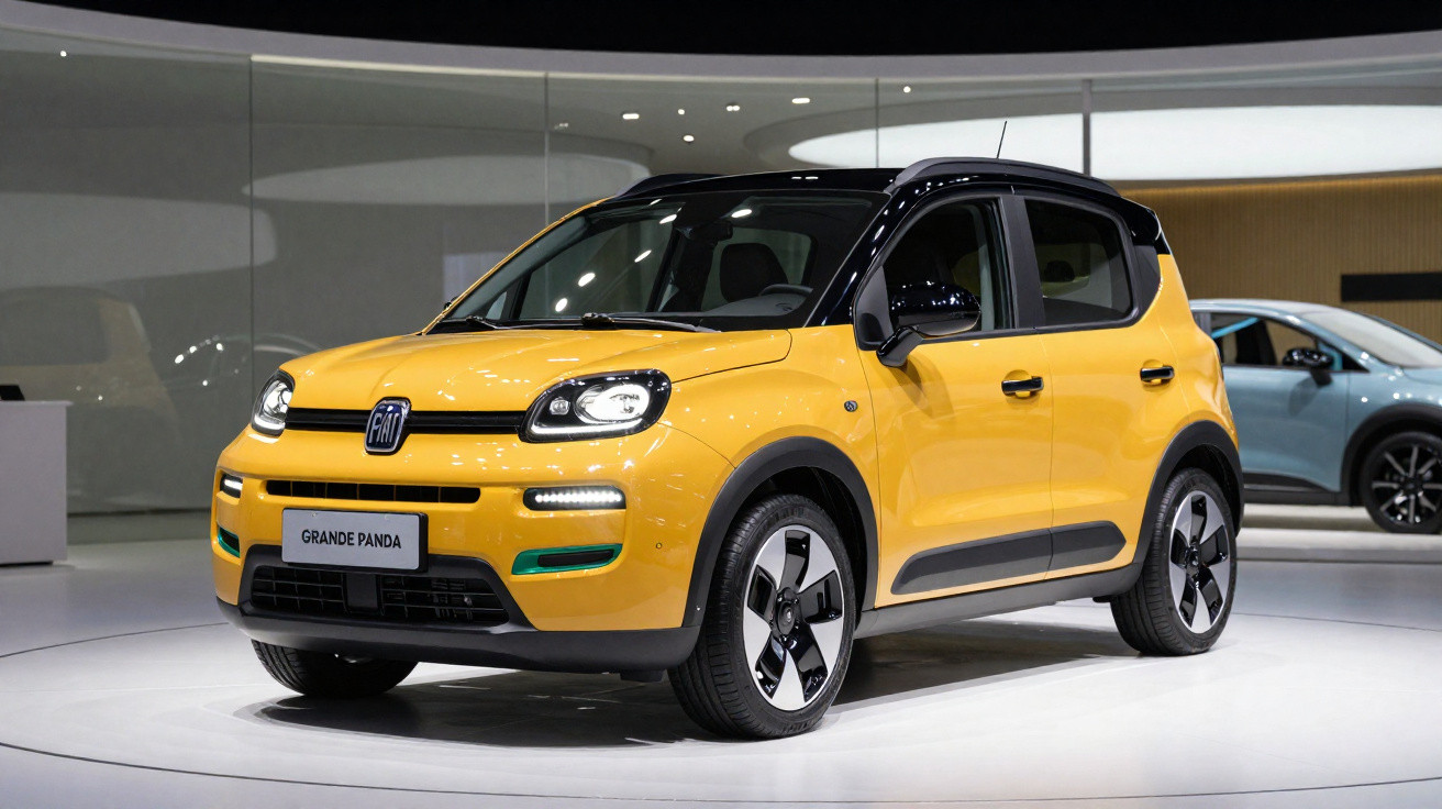 Carro compacto Fiat Grande Panda amarelo com teto preto exibido em estande moderno.