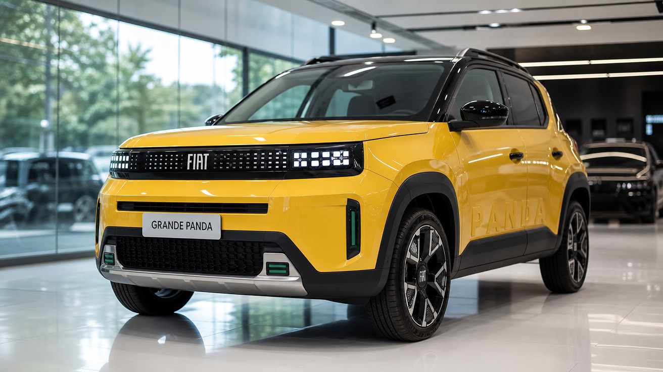 Carro SUV amarelo Fiat Grande Panda em showroom moderno com piso branco e janelas grandes de vidro.