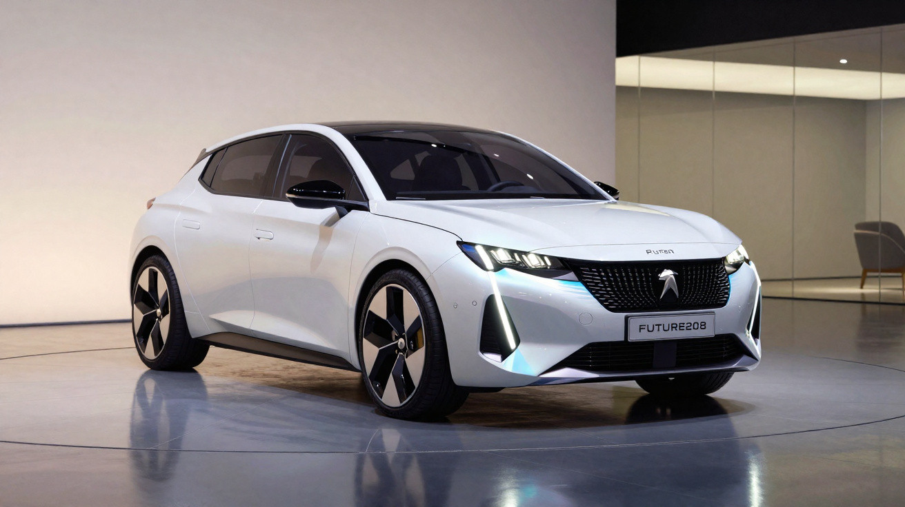 Carro elétrico branco futurista Peugeot Future 208 em exposição interna com iluminação suave.