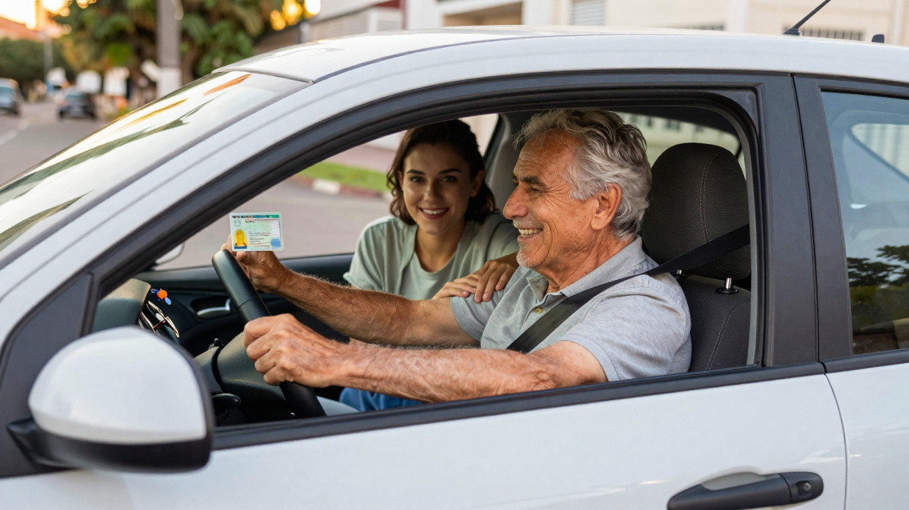 Homem mais velho sorrindo ao volante com jovem mulher sorridente no banco do passageiro.