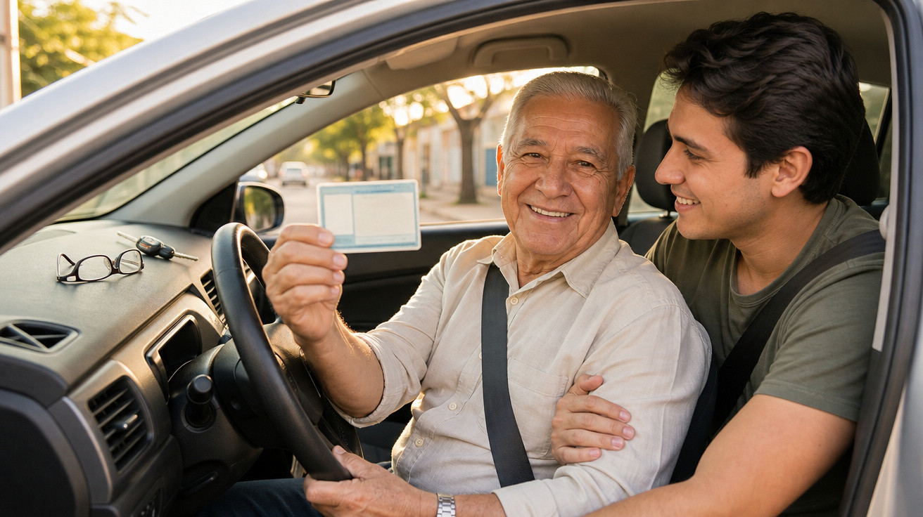 Homem idoso sorrindo no carro mostrando carteira de motorista enquanto jovem abraça seu ombro.