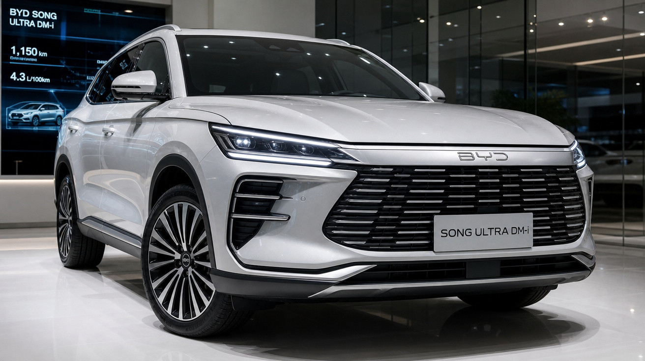 SUV branco BYD Song Ultra DM-i exibido em ambiente interno, com faróis acesos e detalhes em preto.