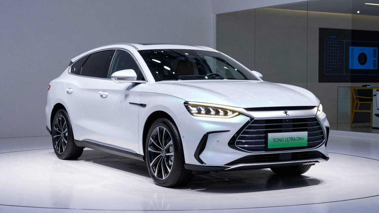 Carro elétrico branco BYD Song Ultra DM-i em exposição, visto de frente e lado esquerdo.