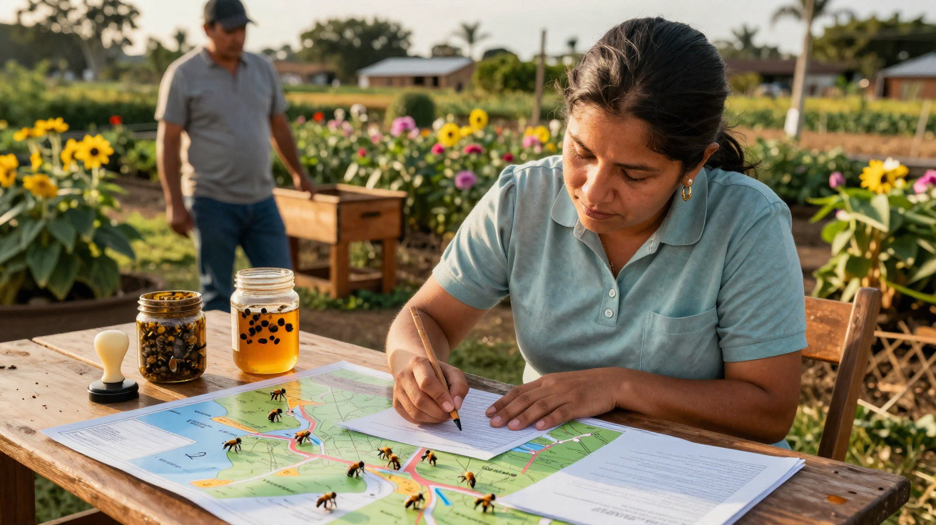 Mulher sentada em mesa escreve em caderno com mapa e potes de mel em jardim florido ao fundo.