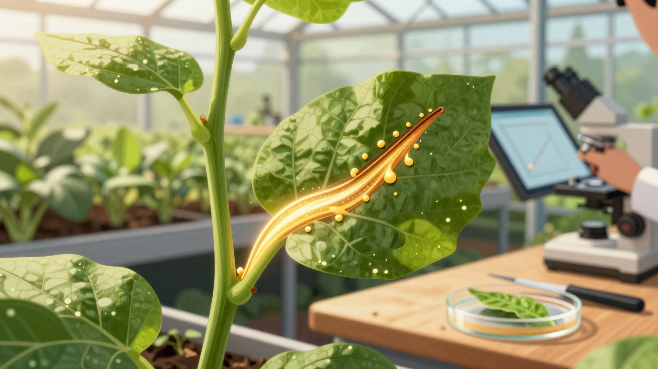 Folha de planta com evidência luminosa de fluxo interno em laboratório com microscópio e cientista ao fundo.