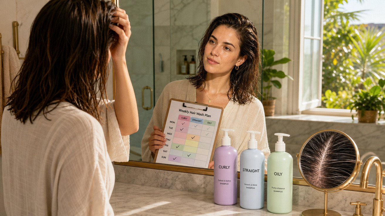 Mulher com cabelo molhado segura plano semanal de lavagem capilar diante de espelho em banheiro iluminado.