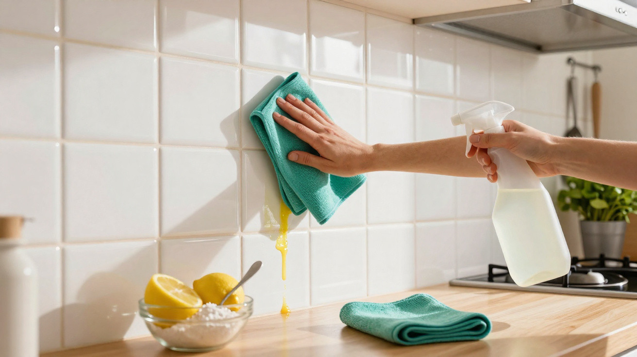 Pessoa limpando azulejos brancos da parede da cozinha com pano azul e borrifador, com limões e bicarbonato em tigela.