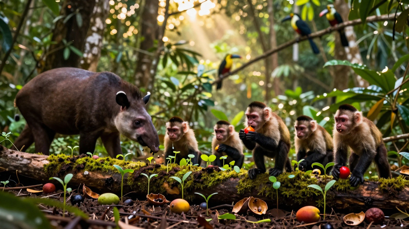Tapir e macacos comendo frutas em tronco coberto de musgo na floresta iluminada pelo sol.