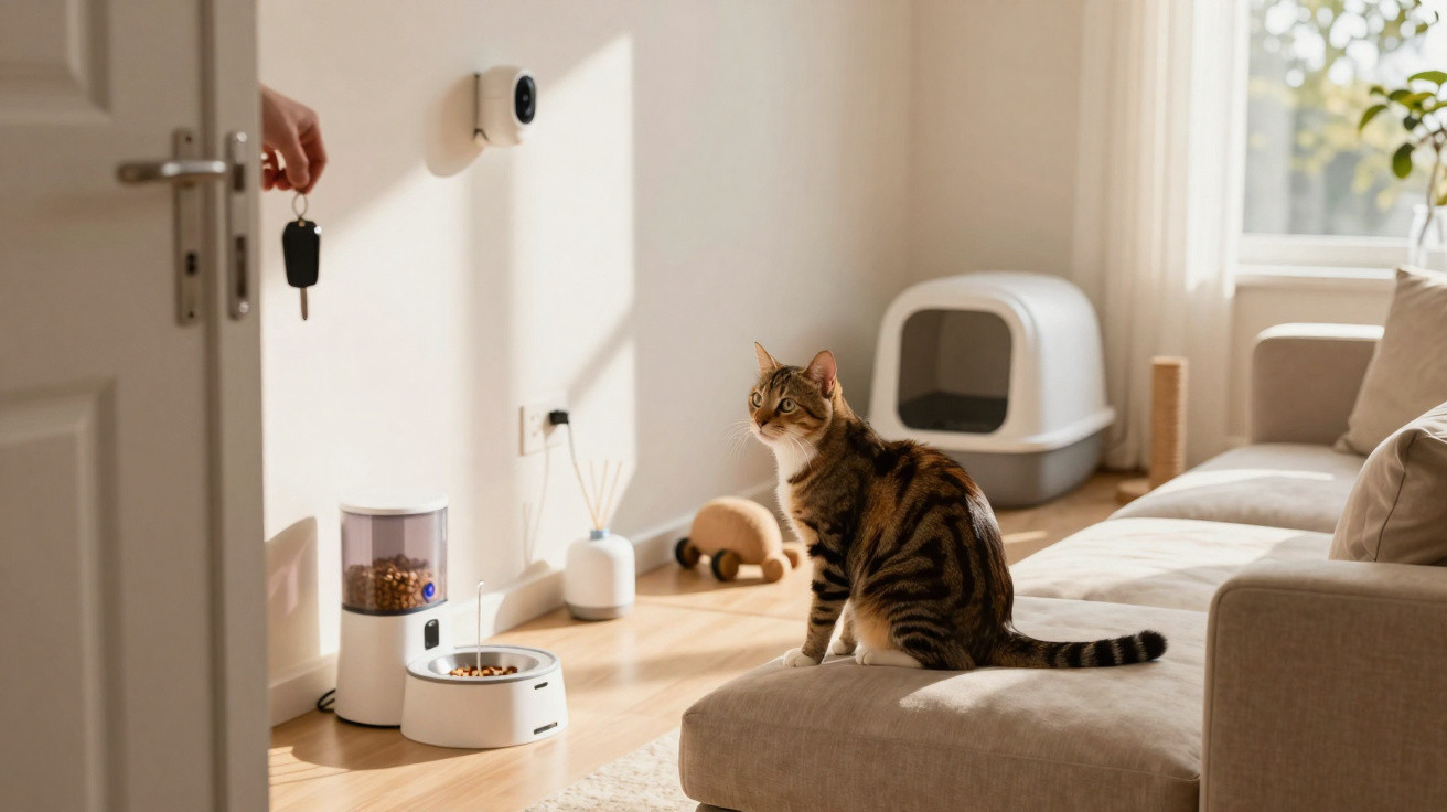 Gato sentado em sofá observando mão segurando chave perto de comedouro automático em sala iluminada.