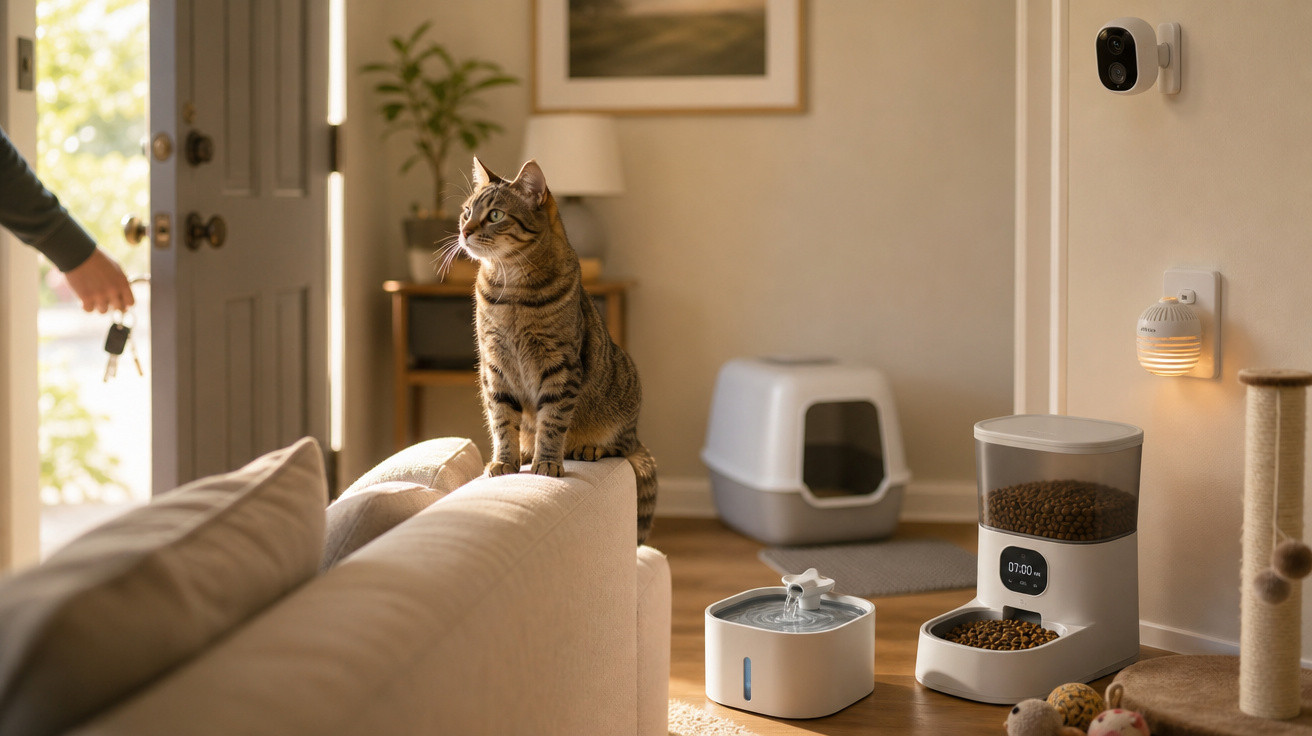 Gato sentado no encosto do sofá em sala com dispenser automático de ração e bebedouro.