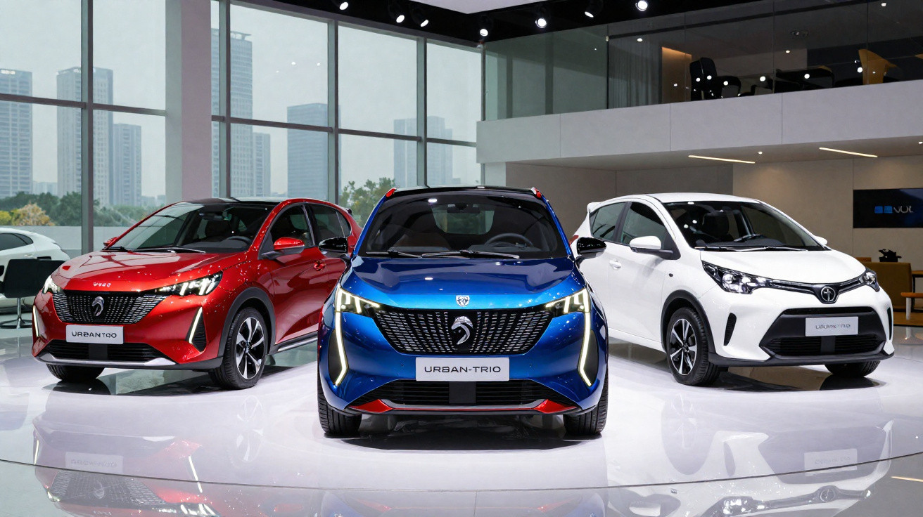 Três carros compactos urbanos em exposição, nas cores vermelho, azul e branco, em ambiente moderno.