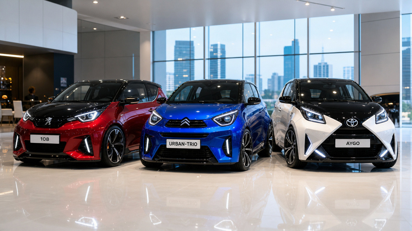 Três carros compactos vermelhos, azul e branco expostos em showroom moderno com cidade ao fundo.