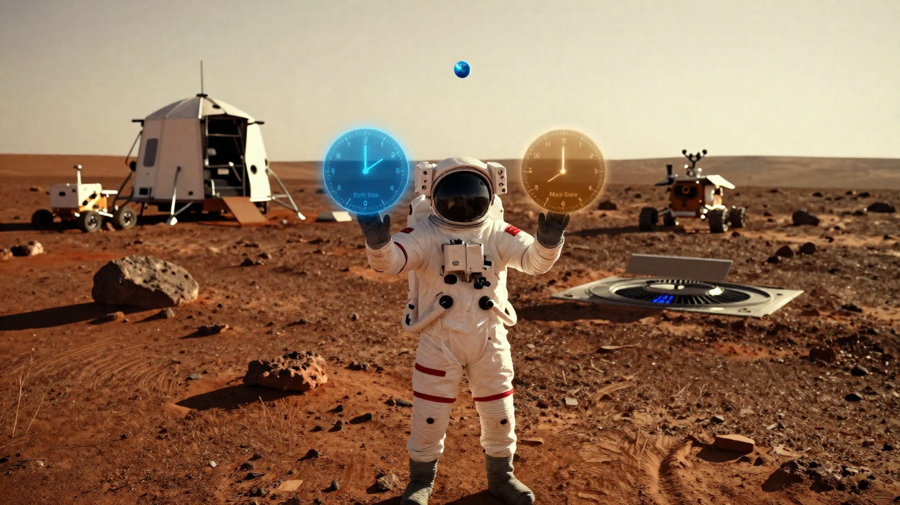 Astronauta em traje espacial em superfície marciana com módulos e relógios holográficos azuis e laranjas.