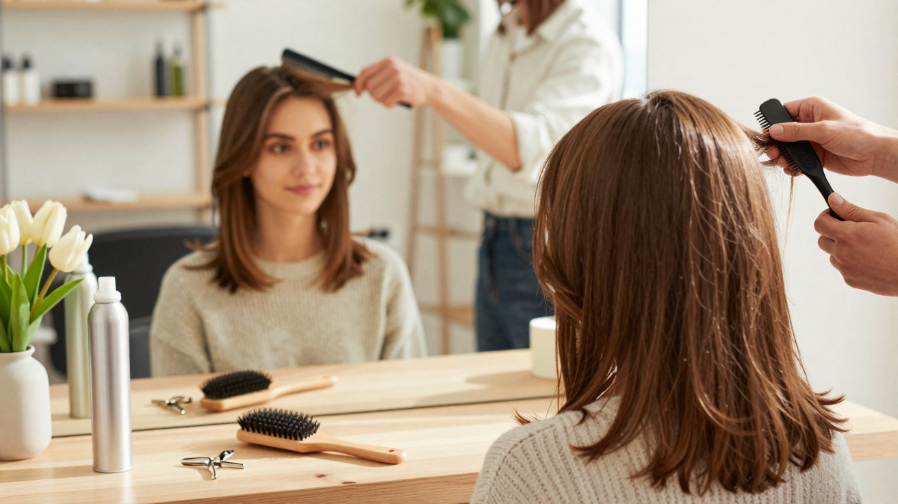 Mulher sentada de frente para o espelho recebendo escovação de cabelo em salão de beleza moderno.