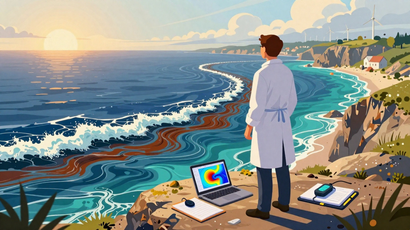 Pesquisador de costas observa poluição marinha de óleo ao pôr do sol em penhasco com laptop aberto.