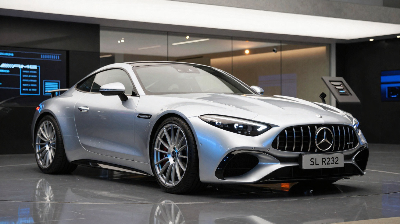 Carro esportivo prata Mercedes-Benz SL R232 estacionado em showroom moderno e iluminado.