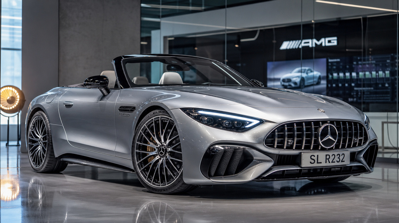 Carro conversível esportivo Mercedes-Benz AMG prata em showroom moderno com iluminação suave.