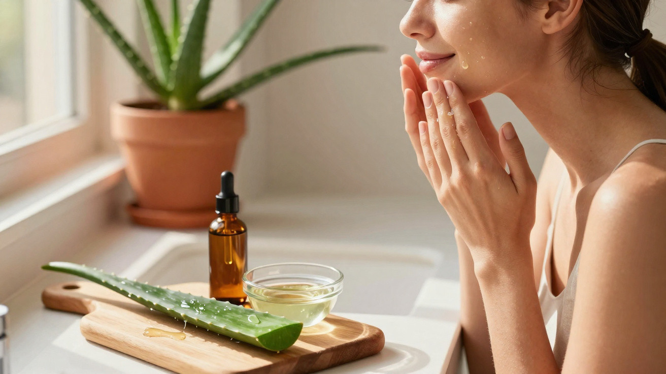 Mulher aplicando gel de aloe vera no rosto com planta e óleo natural sobre bancada.