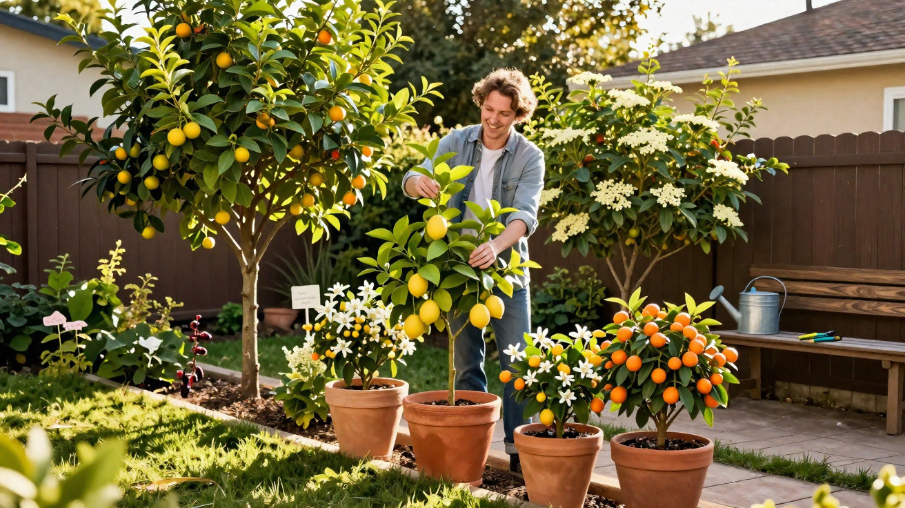 Homem cuidando de árvore de limão em vaso no jardim ensolarado com árvores e flores ao redor.