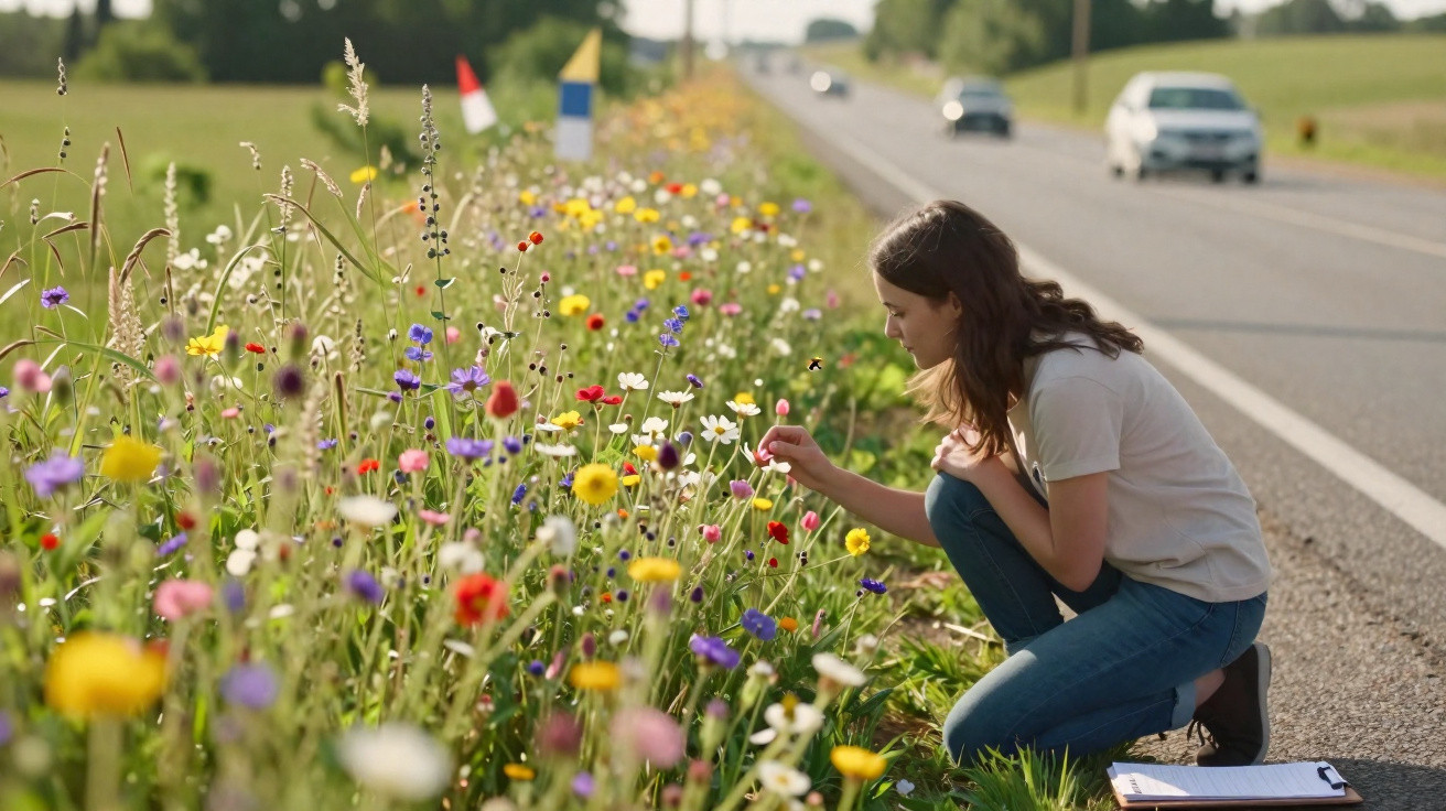 Mulher agachada observa flores silvestres coloridas à beira de estrada com carros passando ao fundo.