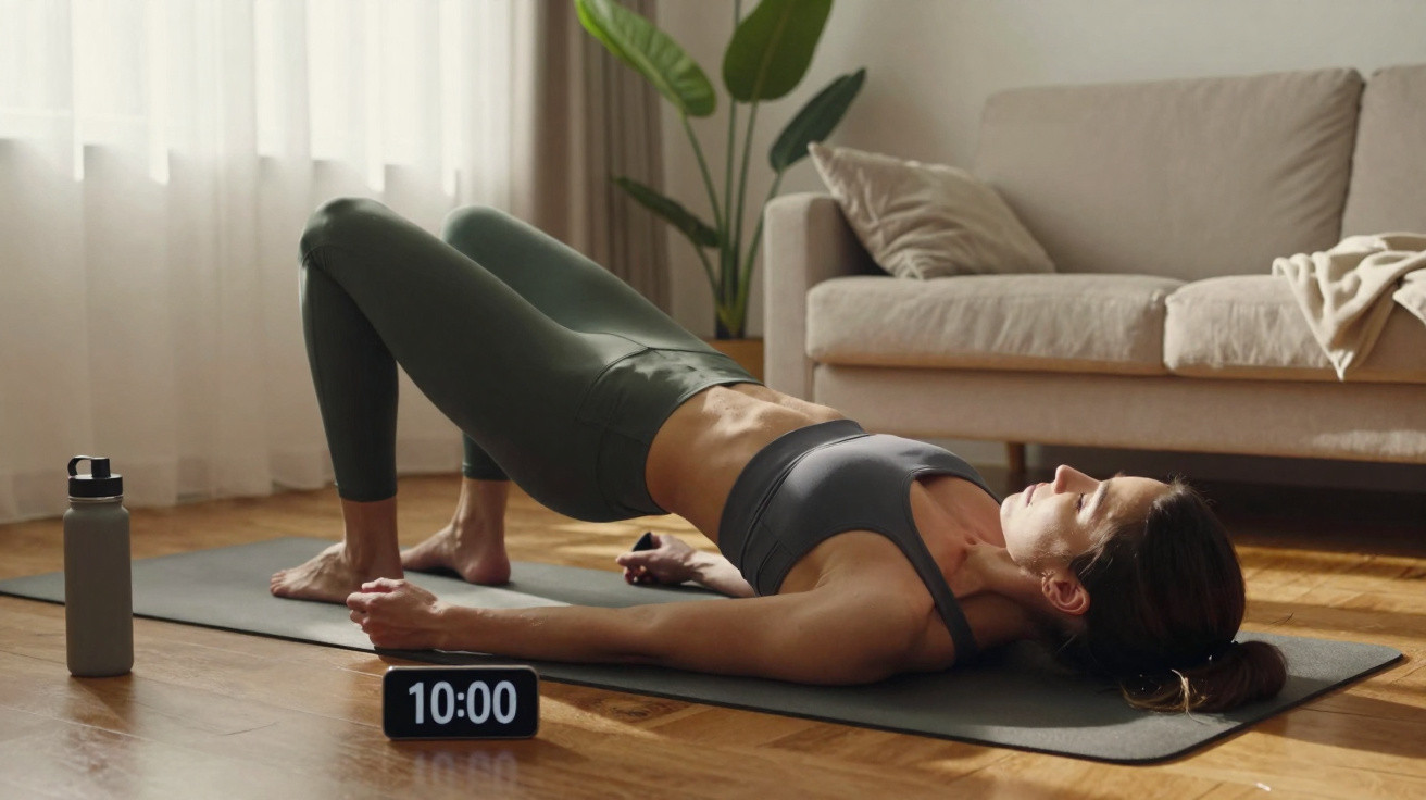 Mulher fazendo exercício de ponte no tapete de yoga na sala de estar com timer e garrafa ao lado.