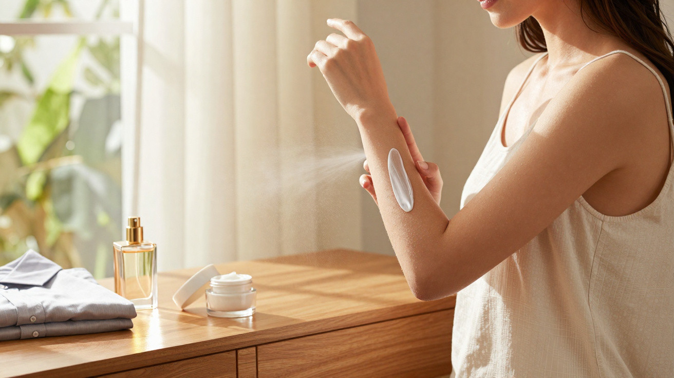 Mulher aplicando creme no braço em ambiente iluminado, com frasco de perfume e roupa sobre móvel de madeira.