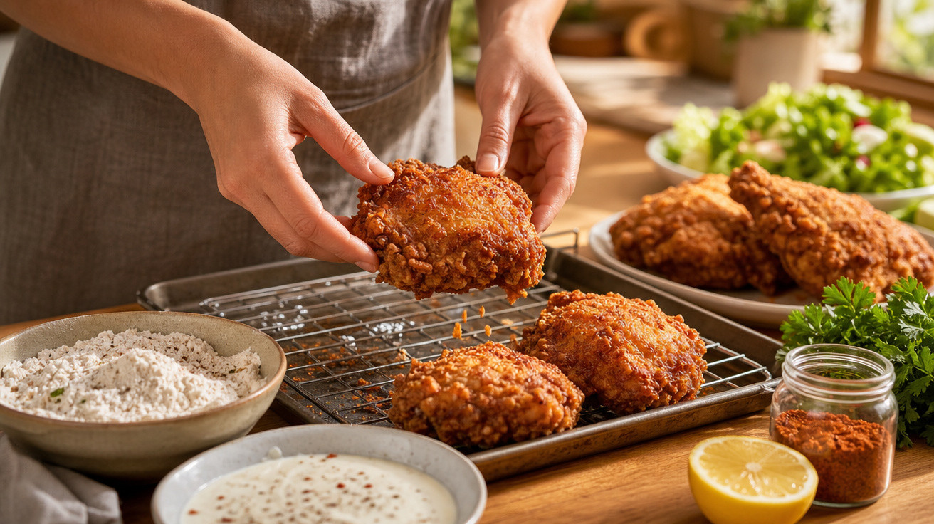 Mãos segurando pedaço de frango frito crocante, com tigelas de farinha, molho e temperos ao redor.