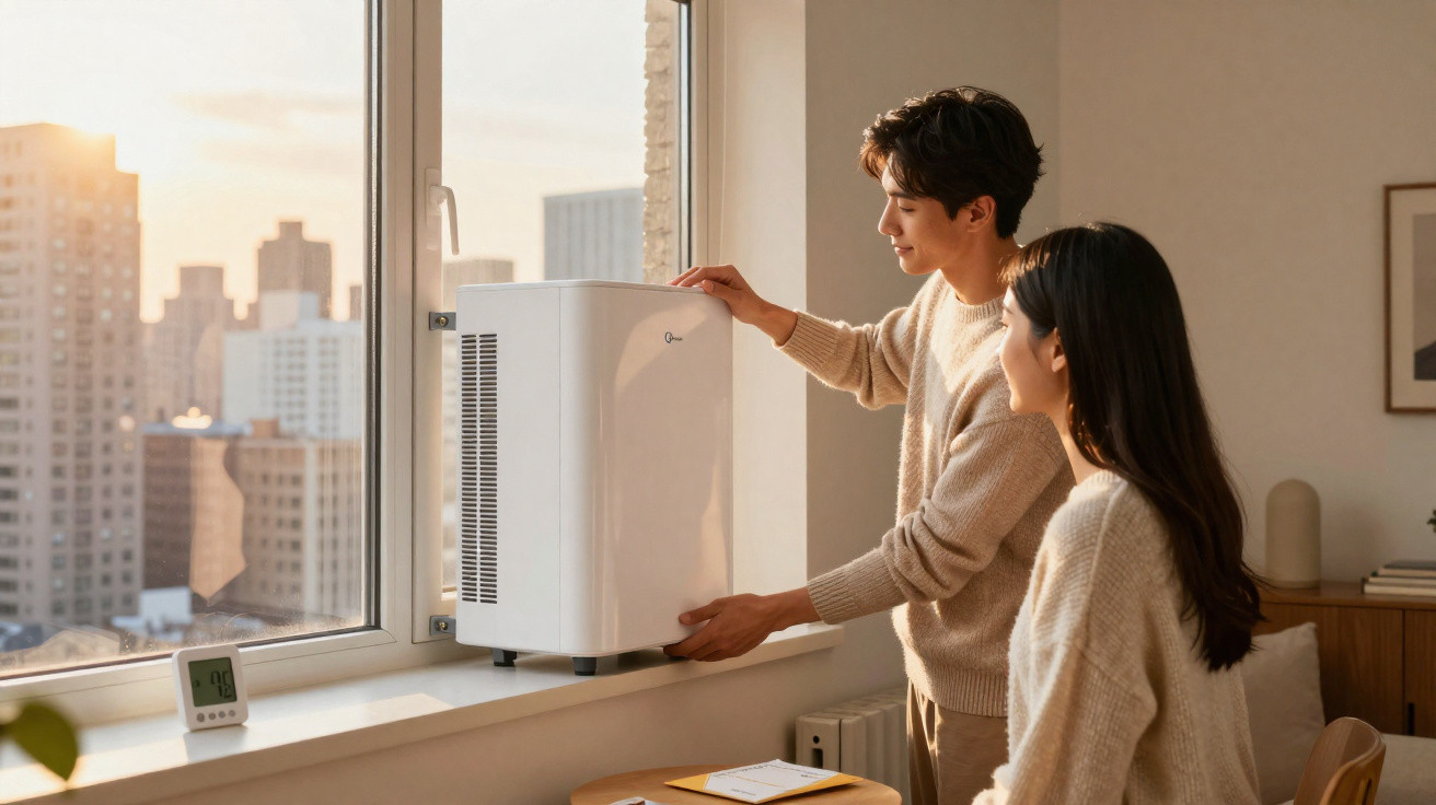 Casal jovem ajustando um purificador de ar em uma janela durante o pôr do sol em apartamento moderno.