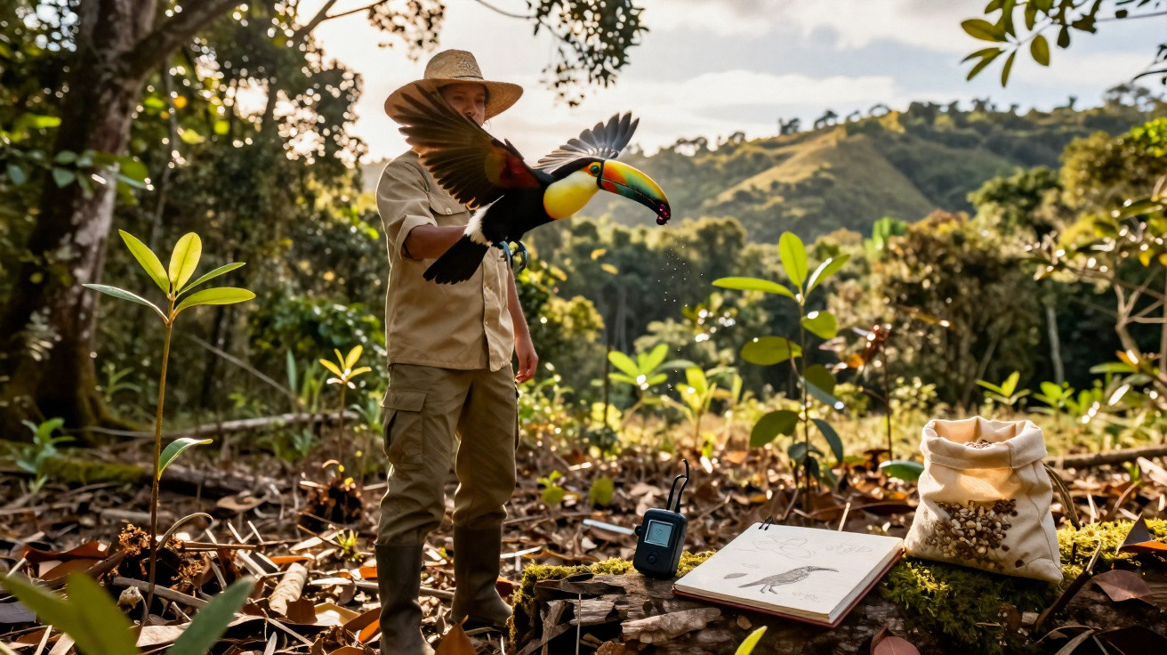 Homem com chapéu e roupa bege segura tucano voando em floresta com caderno de desenho e rádio em tronco.