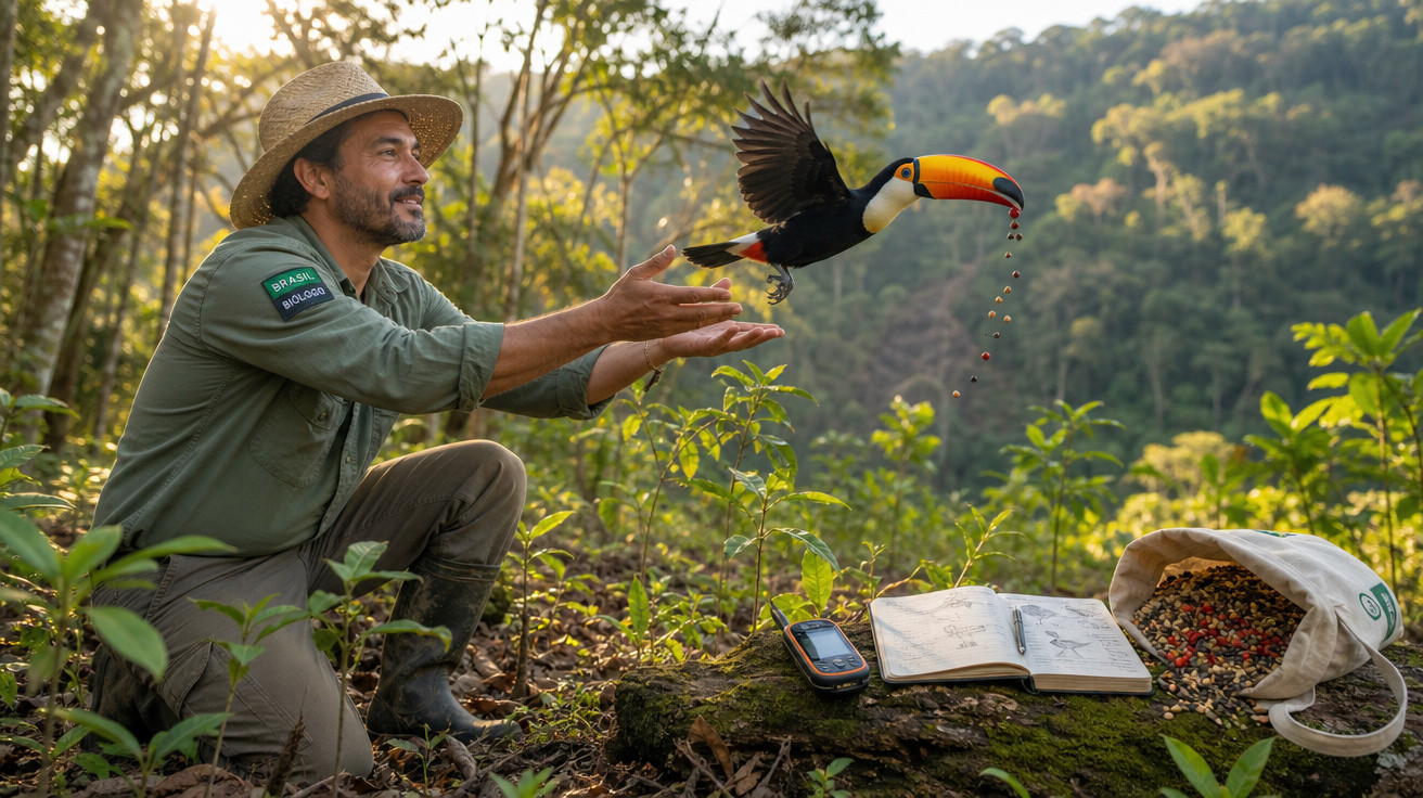 Biólogo alimenta tucano com sementes em floresta, com caderno e rádio ao lado em tronco.