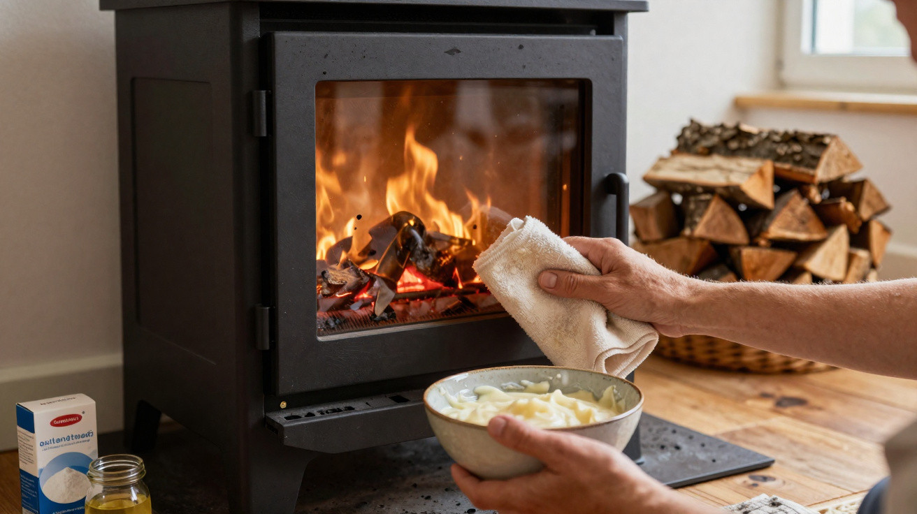 Pessoa temperando tigela de salada perto de fogão a lenha com fogo aceso e lenha empilhada ao fundo.