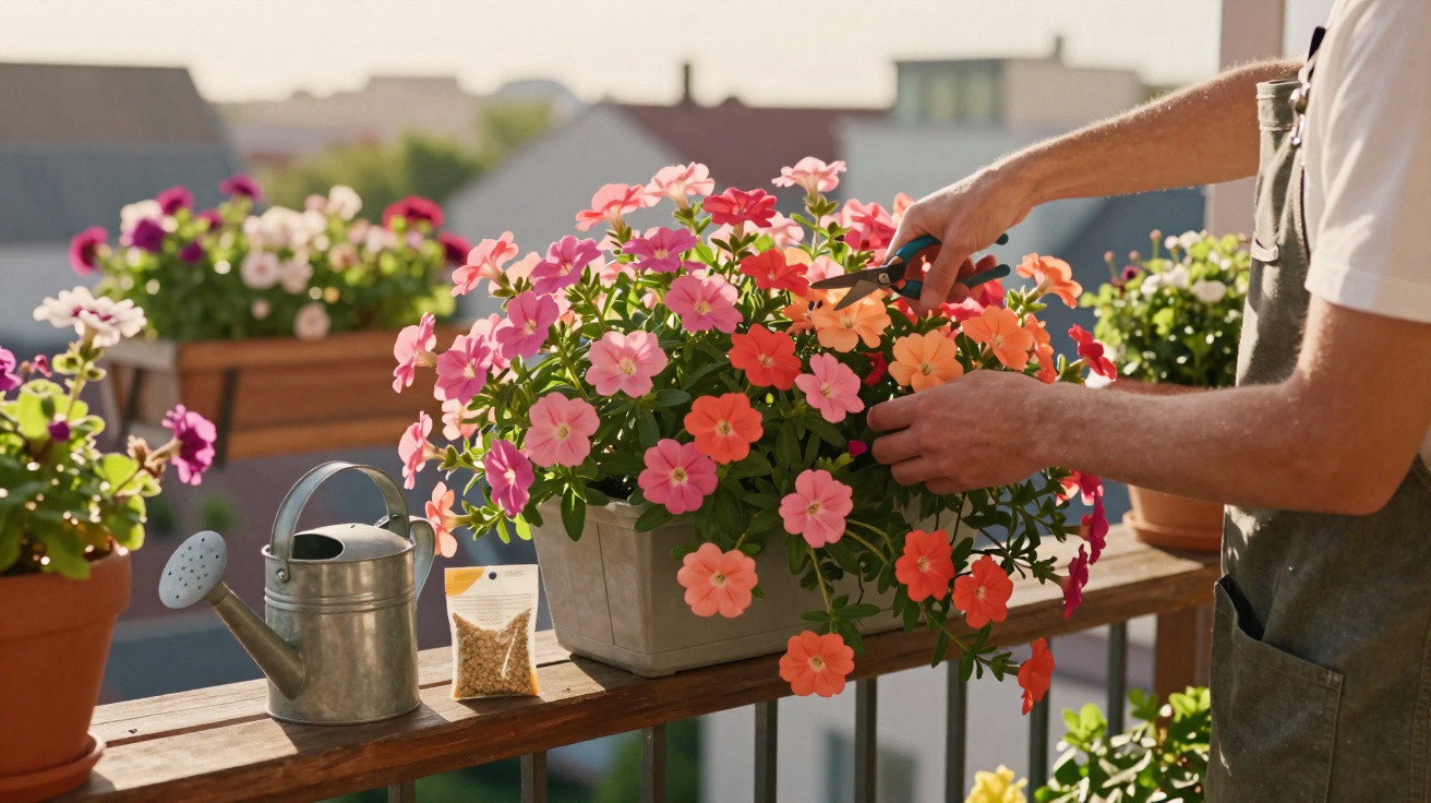 Pessoa podando flores coloridas em vaso na varanda com regador e sementes ao lado.