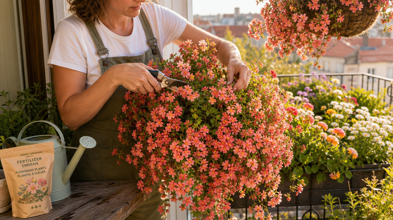Mulher podando flores cor de rosa em vaso suspenso em varanda com outras plantas ao fundo.