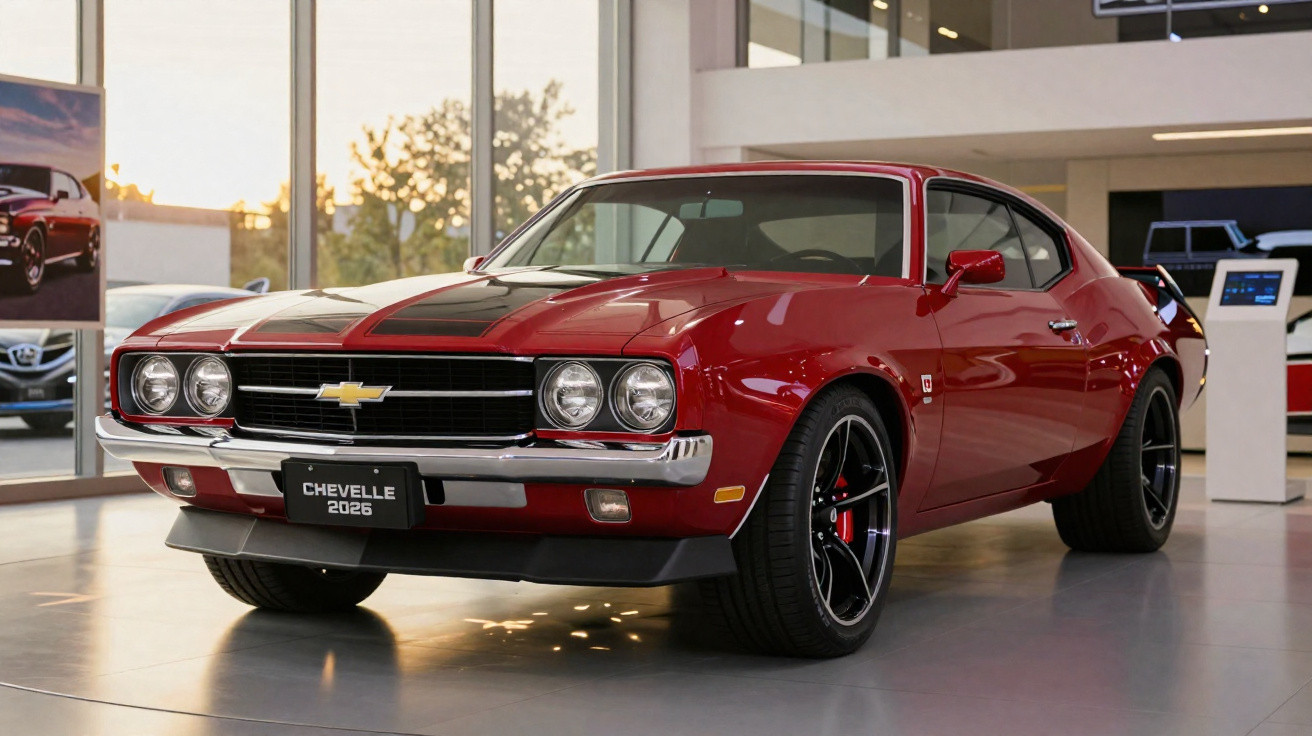 Carro Chevrolet Chevelle 2026 vermelho com faixas pretas exibido em showroom moderno.